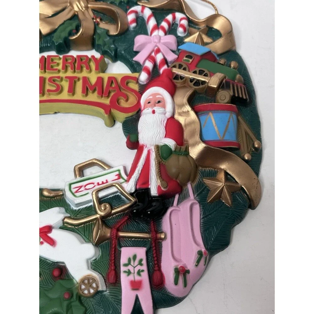 Vintage Plastic Molded 3D Wall Hanging Kitschy Toys Angel Santa Christmas Wreath